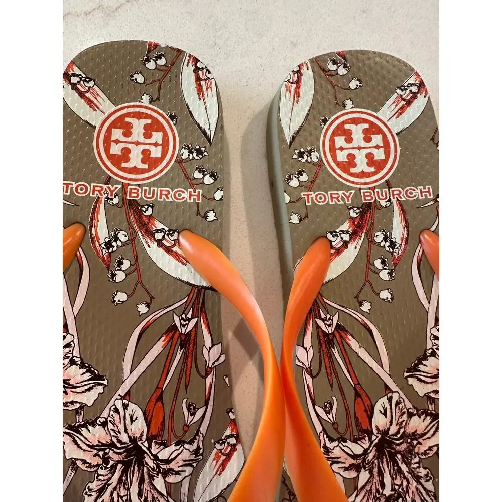 Tory Burch Printed Flip Flop Sandals Orange Floral Gold Logo Size 10 Resort Pool
